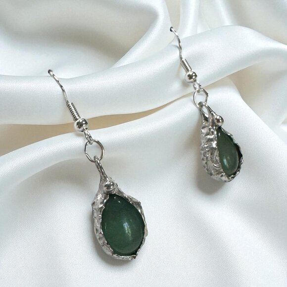 Green Aventurine Teardrop Earrings With Artisan Silver Blend  Bezels & 925 Hooks - Picture 5 of 16